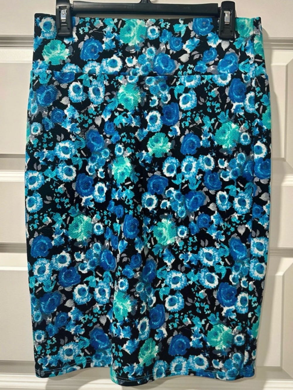 LuLaRoe Black Floral Pencil Skirt with Blue & Teal Blooms